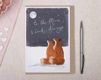 Fox Anniversary Card for Him or Her, To the moon and back Foxes, Wedding Anniversary Card for Husband, Wife, Girlfriend, Boyfriend, Partner