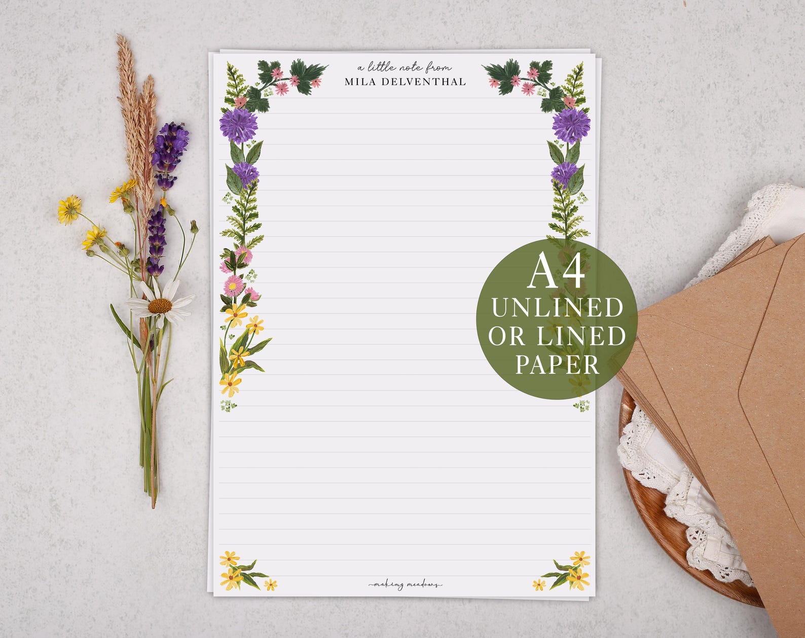 A4 Personalised Letter Writing Paper With Wild Meadow Flowers - Lined ...