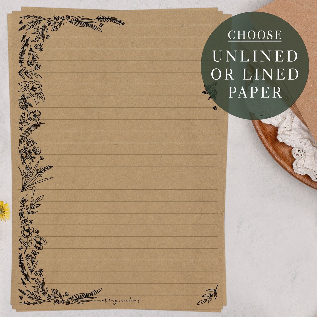 A5 Kraft Letter Writing Paper Sheets | Pretty Floral, Linear Flower ...