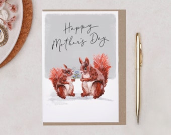 Squirrel Happy Mother's Day Card for Her, Cute Red Squirrel, Woodland Animal Happy Mothers Day Card for Step-mum, Mummy, Mum, Mother