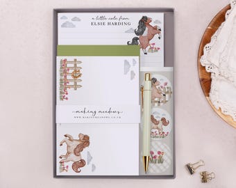 Children's Stationery Set Box with Personalised Letter Writing Paper in Green Horse Design