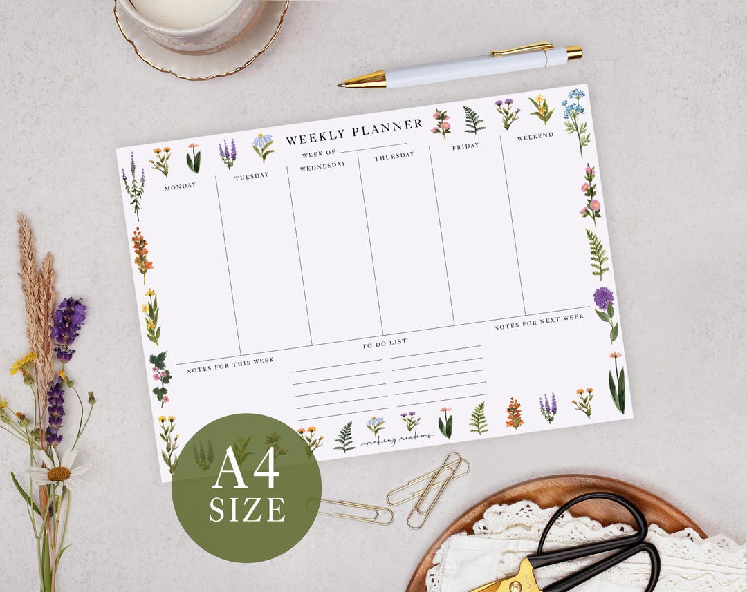 Weekly Planner Pad With White Floral Design - Office Desk Scheduling ...