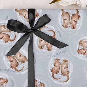 Otter Valentine Wrapping Paper | Cute Otters, Animal Anniversary Gift Wrap | FOLDED single sheet wrap in a premium matt finish | Add Ribbon