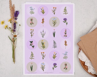 Purple Floral Sticker Sheet - Stationery For Envelope Seals, Letter Writing or Wedding Crafting