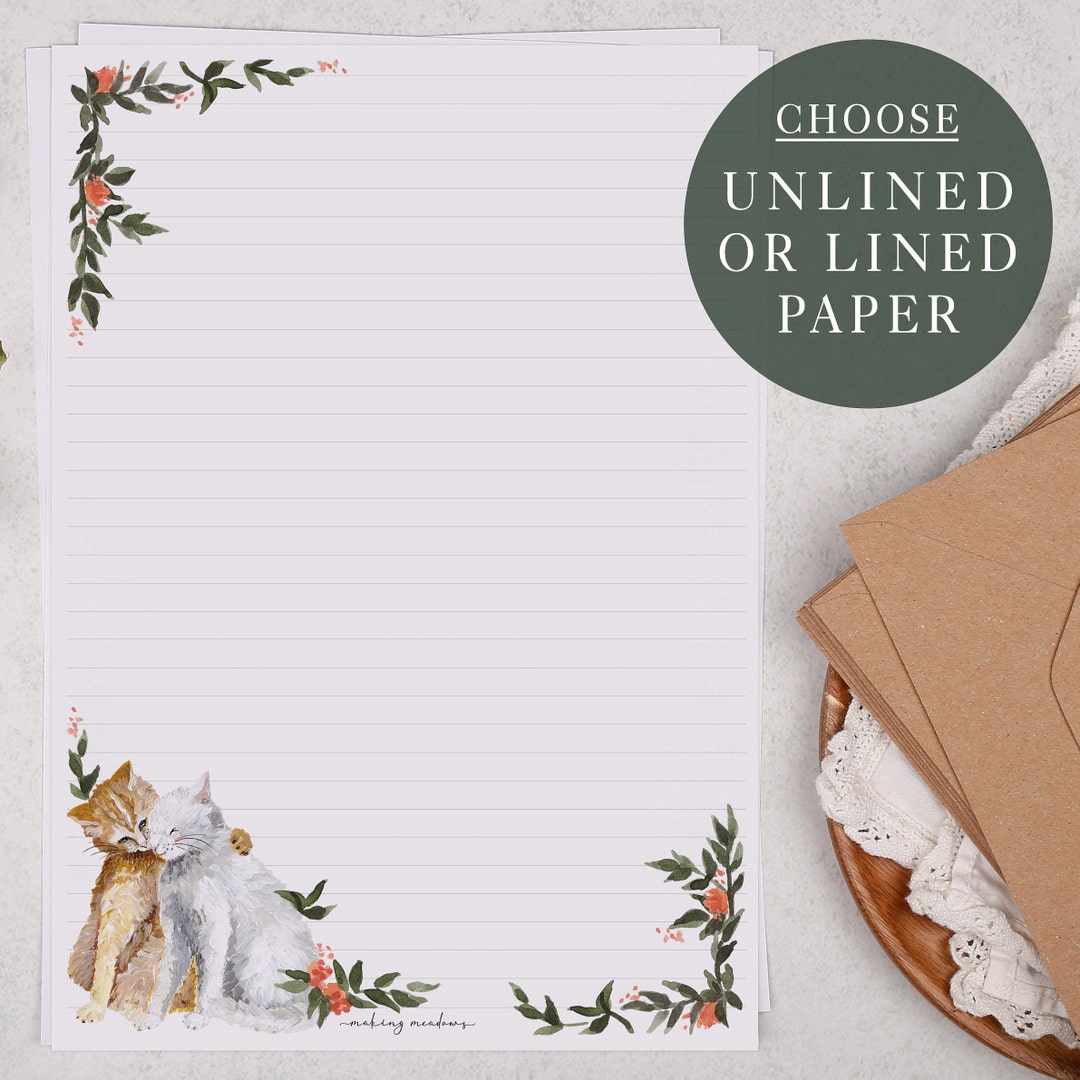A4 Letter Writing Paper Sheets | Watercolour Cat and Flower | Lined or ...