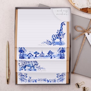 Letter Writing Set with envelopes - Gift Box or Flat Pack  - 32 letter writing paper sheets & 16 envelopes in a blue floral tiger design