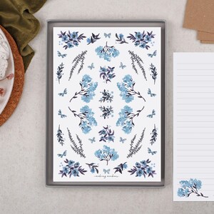 A5 Letter Writing Paper With Blue Floral Flower Pattern - Lined or Unlined Stationery Set
