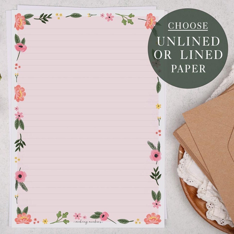 A4 Letter Writing Paper Sheets Pretty Pink Floral Border With Leaves Lined  or Unlined Paper Stationery Gift or Thoughtful Present 