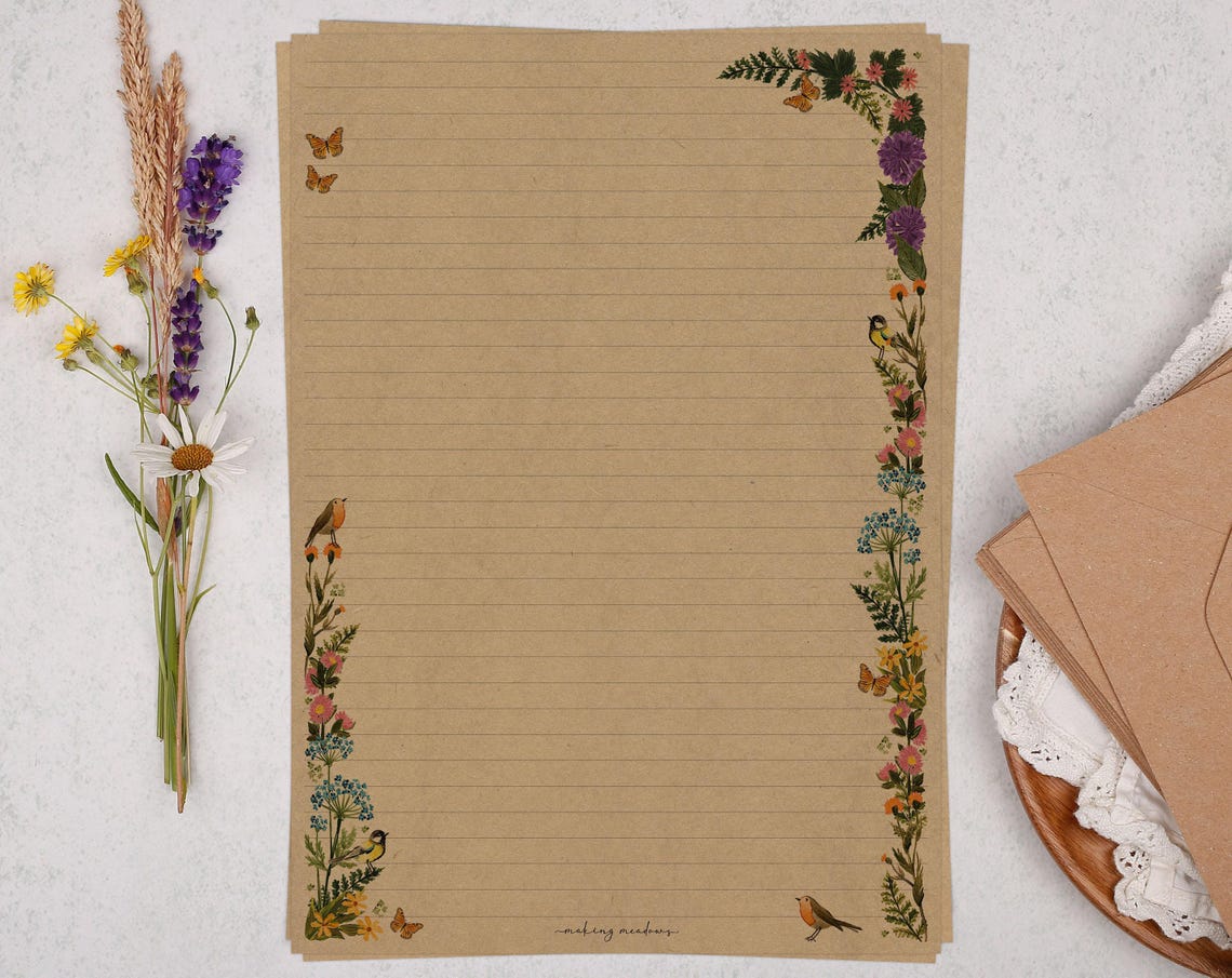 A4 Kraft Letter Writing Paper With Meadow Flowers - Lined or Unlined ...