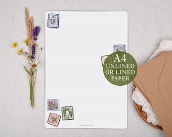 A4 Letter Writing Paper With Floral Postage Stamps - Lined or Unlined Stationery Set