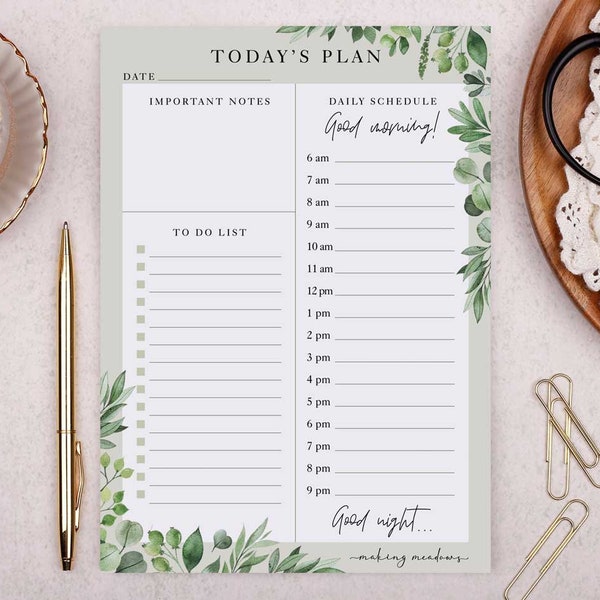 Botanical Daily Planner Desk Pad - 50 Tear Off Pages, perfect for planning your day out & scheduling your time - Lovely stationery gift!