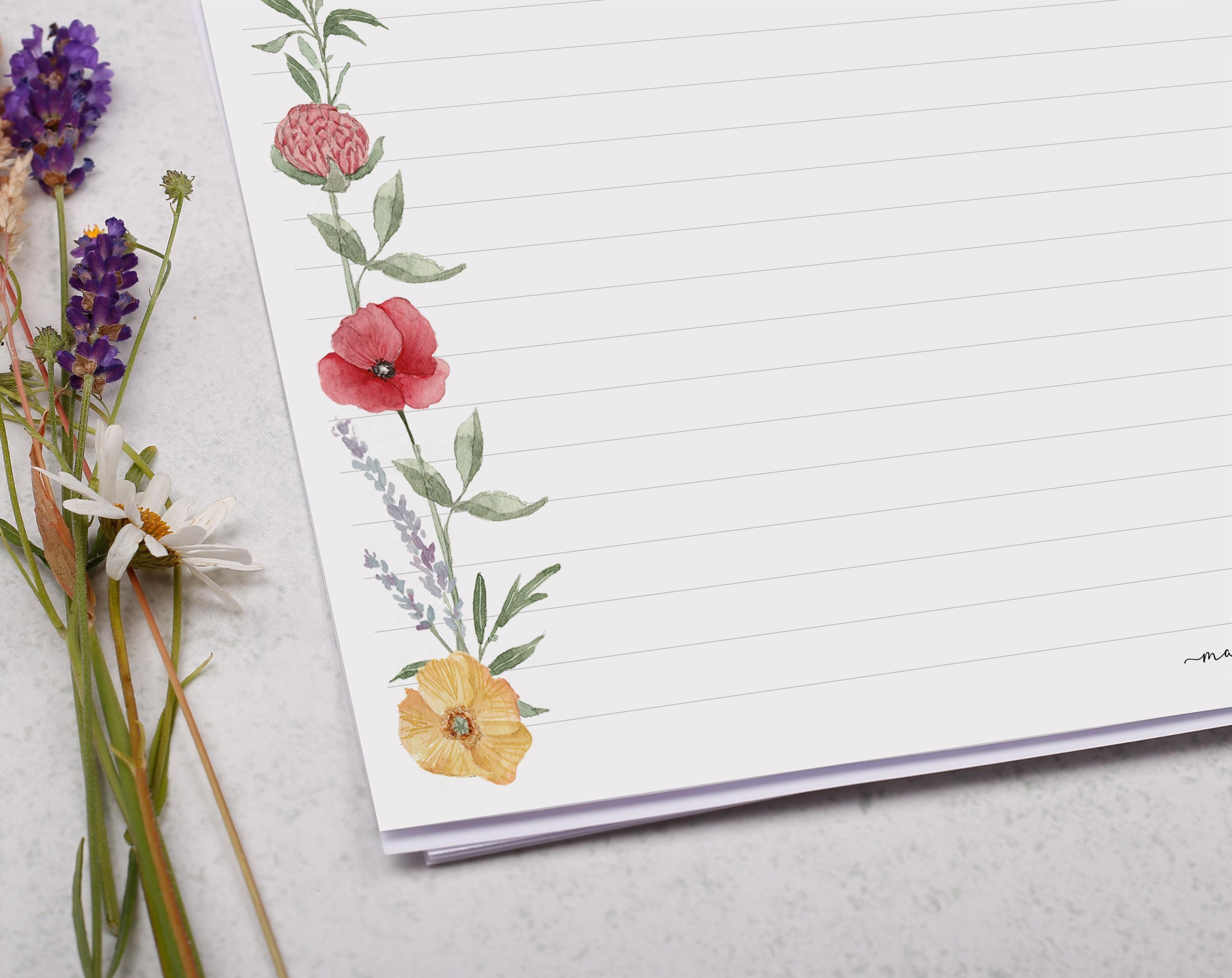 A4 Landscape Letter Writing Paper With Watercolour Flowers - Lined or ...