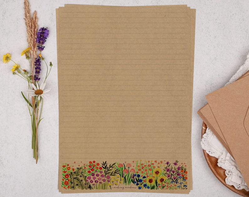 A4 Kraft Letter Writing Paper With Watercolour Flowers - Lined or ...
