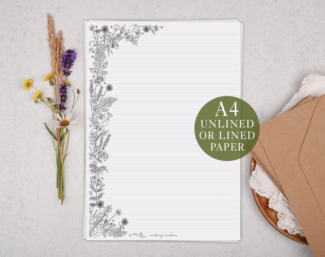 A4 Letter Writing Paper With Floral Flower Border - Lined or Unlined ...