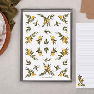 A5 Letter Writing Paper With Yellow Botanical Flower Pattern - Lined or Unlined Stationery Set