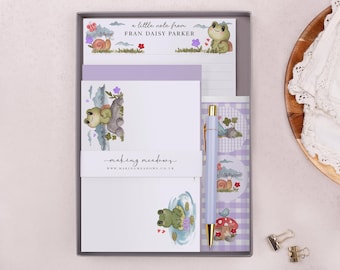 Children's Stationery Set Box with Personalised Letter Writing Paper in Purple Lilac Frog Design