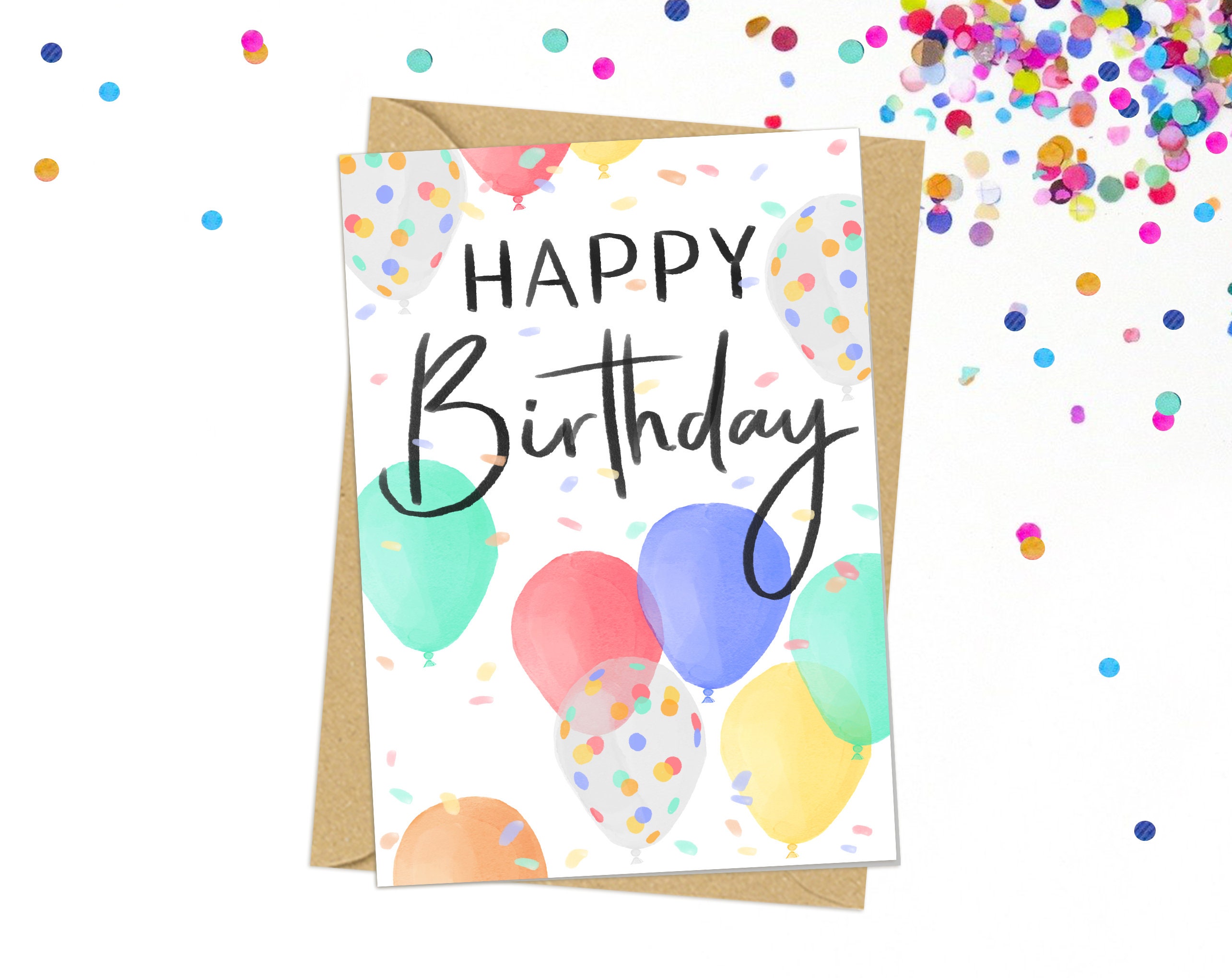 Balloons and confetti Happy Birthday Greeting Card Bright | Etsy