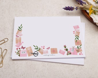 C6 Decorated Envelopes | Pink Floral Flowers & Post Mail Design | Gummed Diamond Flap 100gsm Envelope | Letter Writing Patterned Envelope