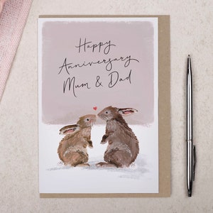 Mum & Dad Anniversary Card for Parents, Cute woodland animals, Parent Happy Wedding Anniversary Card, Bunny Rabbit Illustration