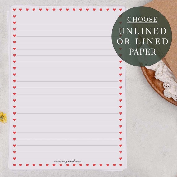 A5 Letter Writing Paper Sheets Ditsy Heart Border, Perfect Love Letter  Lined or Unlined Paper Stationery Gift or Thoughtful Present 