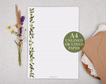 Papel para escribir cartas A4 con borde botánico verde - Juego de papelería con o sin rayas