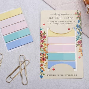 May include: A stationery set featuring pastel sticky page flags and gold paperclips. The page flags are in yellow, pink, teal, and blue. The packaging reads "100 PAGE FLAGS" and "Sticky annotation tabs in 5 transparent colours."