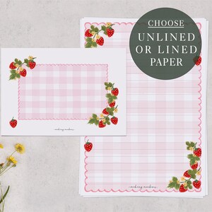 A5 Letter Writing Paper With Envelopes | Gingham Writing Set With Pink Strawberry Design | Lined or Unlined Paper | Stationery Gift Set