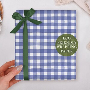 Birthday Wrapping Paper With Navy Blue Gingham - Luxury Gift Wrap, Folded