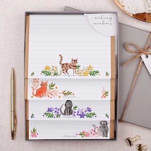 Letter Writing Set with envelopes | Gift Box or Flat Pack options | 32 writing paper sheets & 16 kraft envelopes in a Floral, Cat design