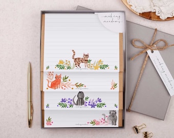 Letter Writing Set with envelopes | Gift Box or Flat Pack options | 32 writing paper sheets & 16 kraft envelopes in a Floral, Cat design