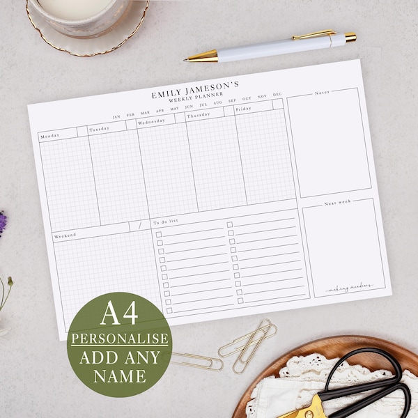 Personalised Weekly Planner Pad With Modern White Design - Office Desk & List Planning (A4 Size)