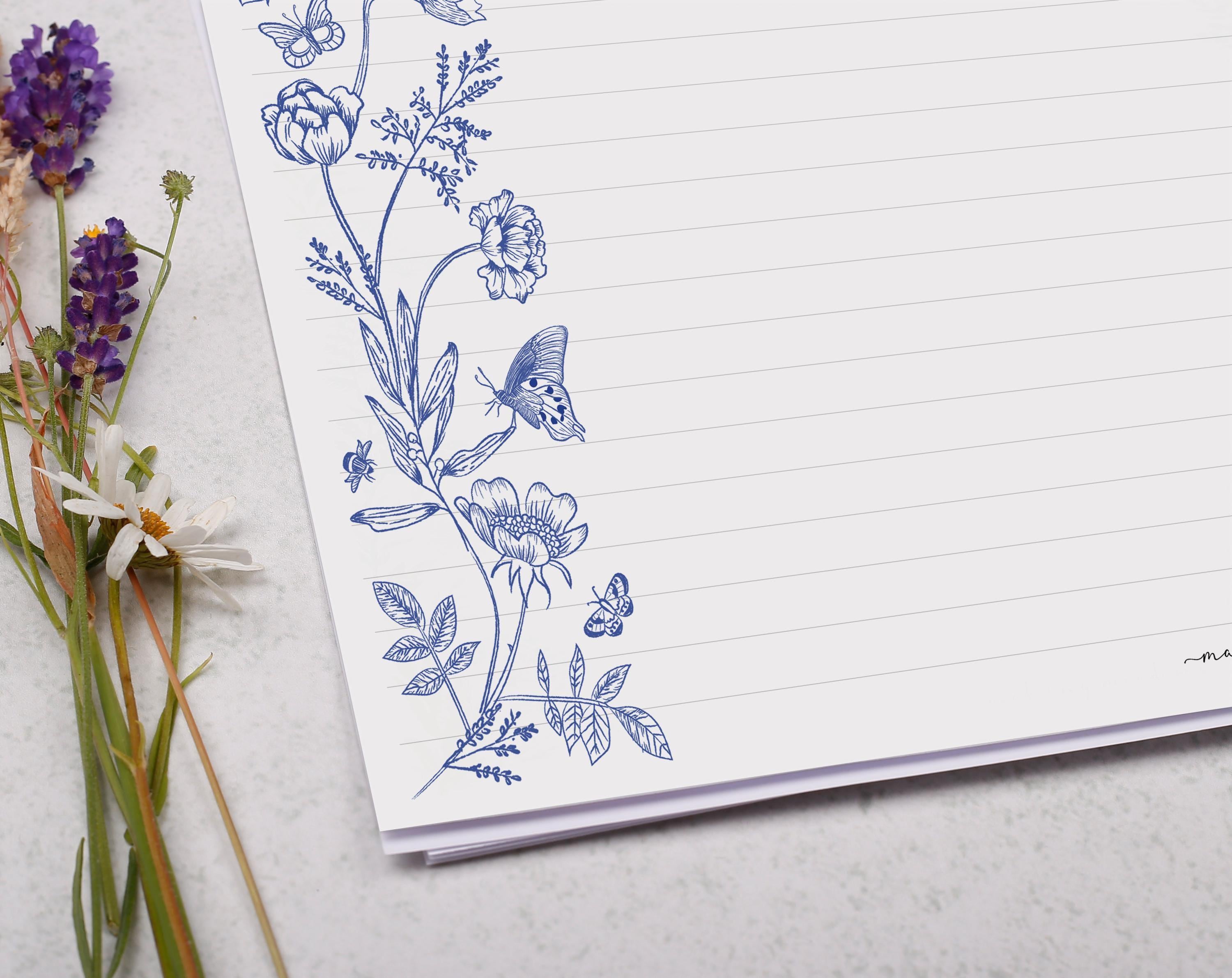 A4 Landscape Letter Writing Paper With Blue Flower & Birds - Lined or ...