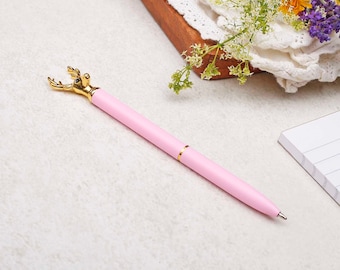 Pink & Gold Ballpoint Pen With Stag Deer Head | Slim Metal Pen | Metallic Modern Pen | Wedding Guestbook Pen | Black Ink | Letter Writing