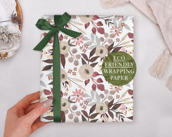 Birthday Wrapping Paper With Brown Floral - Luxury Gift Wrap, Folded