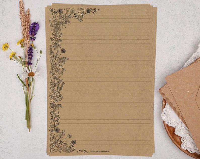 A4 Kraft Letter Writing Paper With Simple Flowers - Lined or Unlined ...