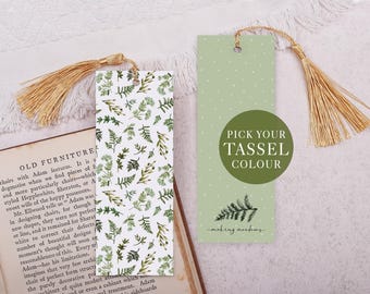 Marcapáginas botánico con borla - Marcador de lectura verde de doble cara para amantes de la lectura