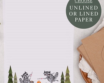 A4 Letter Writing Paper Sheets | Raccoons Camping In The Forest  | Lined or Unlined Paper | Stationery Gift or Thoughtful Letter Set Present