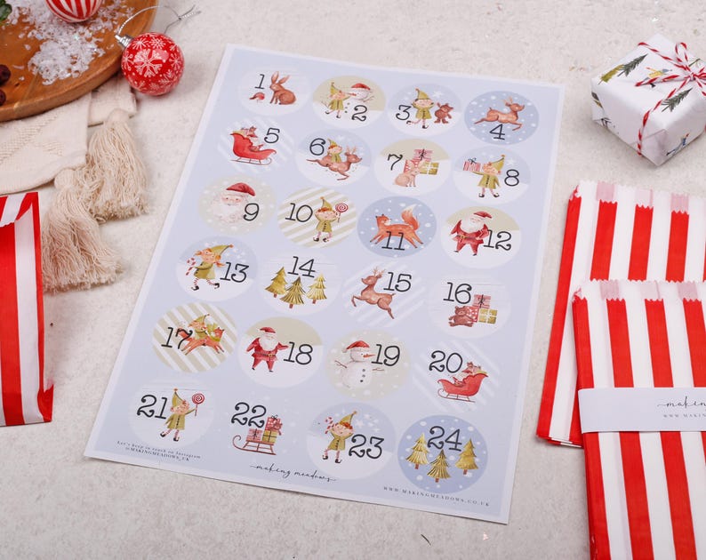 a table with a christmas themed calendar on it