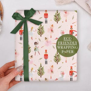 Christmas Wrapping Paper With Pink Nutcracker Ballet Dancer - Luxury Gift Wrap, Folded