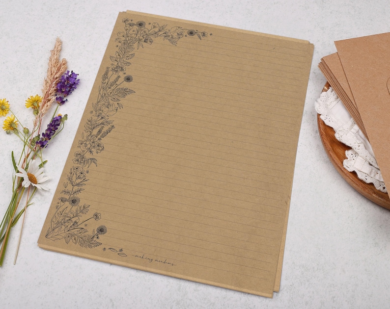 A4 Kraft Letter Writing Paper With Simple Flowers - Lined or Unlined ...
