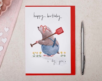 Love Birthday Card For Boyfriend Or Girlfriend | Sentimental 'I Dig You' Mole Card | Happy Birthday Partner | I Love You Cute Garden Mole