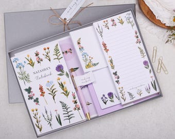 Personalised Lilac Wild Flower Stationery Gift Box - Notebook, To Do List, Envelopes, Pen & Stickers