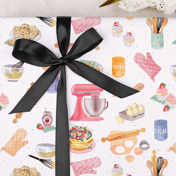Baking Wrapping Paper for Her | Pretty Cake Baker, Cooking Chef Gift Wrap | FOLDED single sheet wrap in a matt finish with optional ribbon