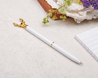 White & Gold Ballpoint Pen With Stag Deer Head | Slim Metal Pen | Metallic Modern Pen | Wedding Guestbook Pen | Black Ink | Letter Writing