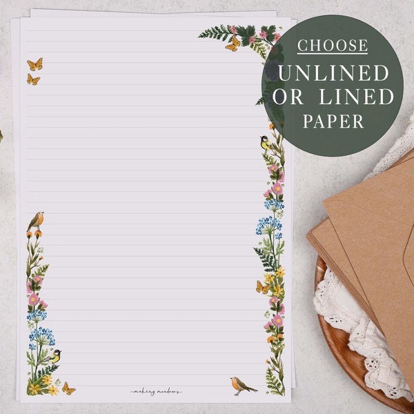 Feuilles de papier à lettres A4 | Fleurs des prés, bordure de jardin floral | Papier ligné ou non ligné | Cadeau de papeterie ou cadeau attentionné