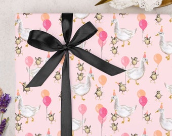 Birthday Wrapping Paper | Cute Pink Duck, Goose & Baby Chick Gift Wrap | FOLDED single sheet wrap in a matt finish with optional ribbon