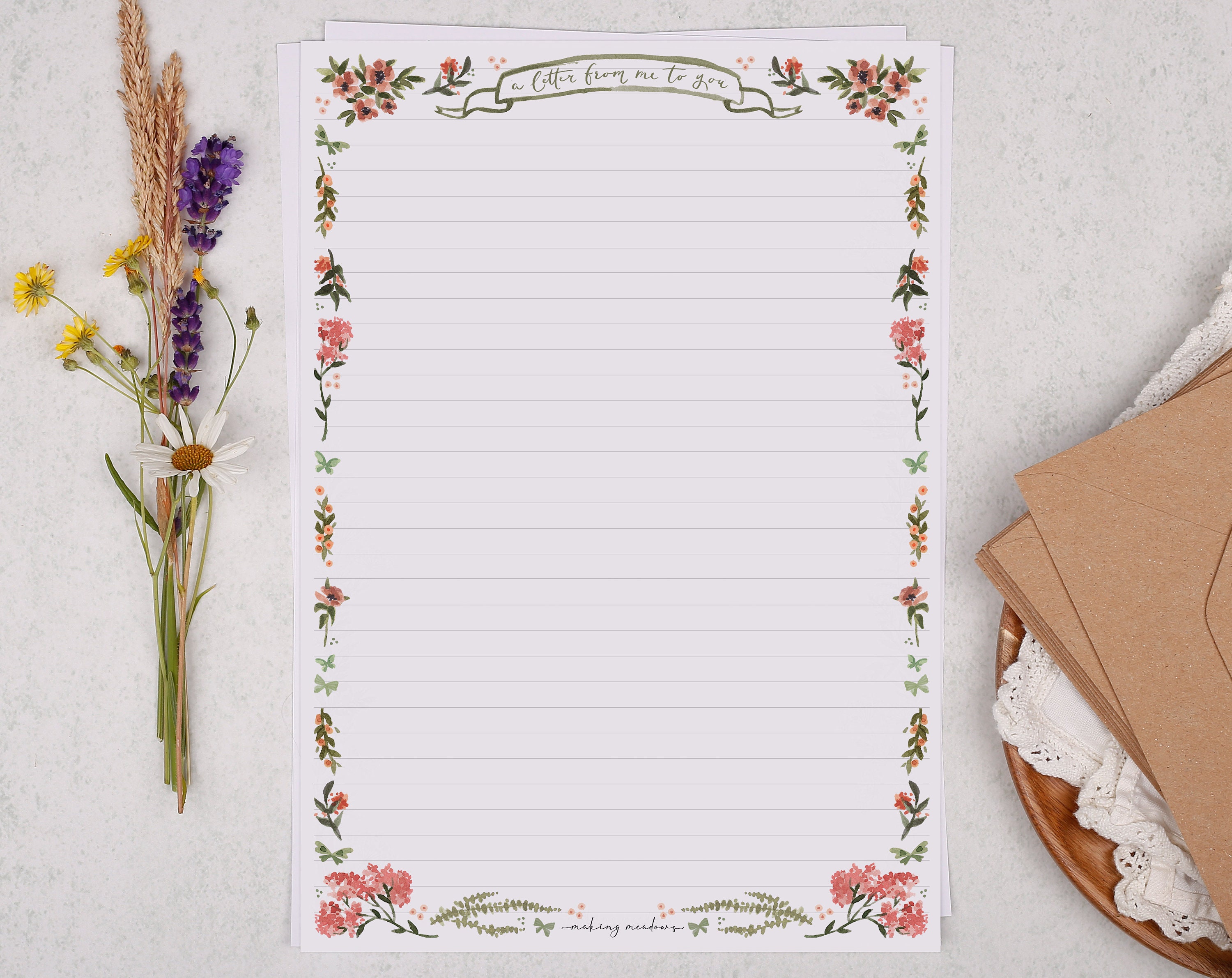 A4 Letter Writing Paper Sheets Pink Floral Border Lined or Unlined