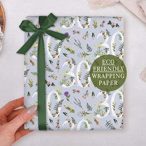 30th Birthday Wrapping Paper With Milestone Blue Floral Design - Luxury Gift Wrap, Folded