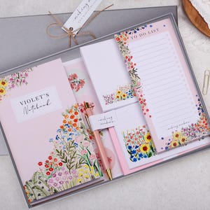 Personalised Pink Floral Desk Stationery Gift Box | Filled With Notebook, Pad, Pen, Stickers, Envelopes & Writing Paper | Office Gift Set