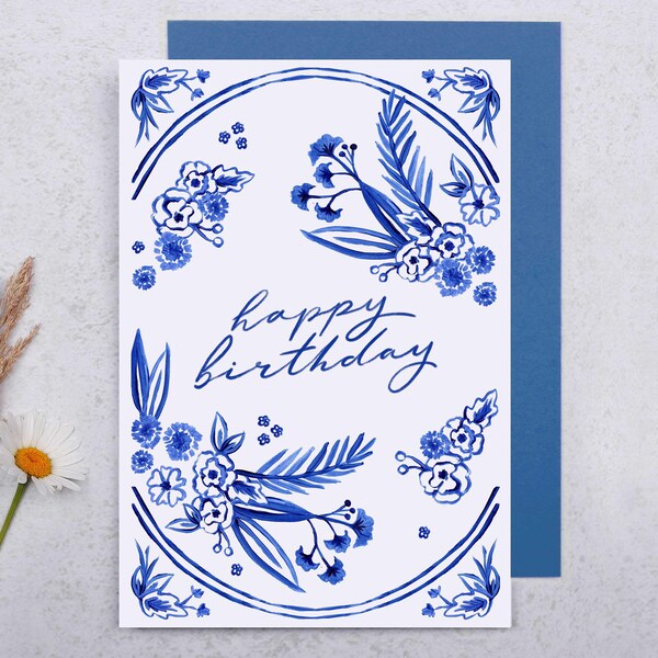 Floral Birthday Card - Blue Flower Watercolour Design